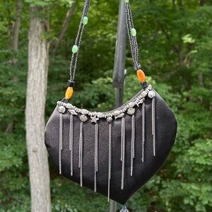 Elegant Black Heart-shaped Mini Bag with Silver and Bead Accents, Handle, Tassel